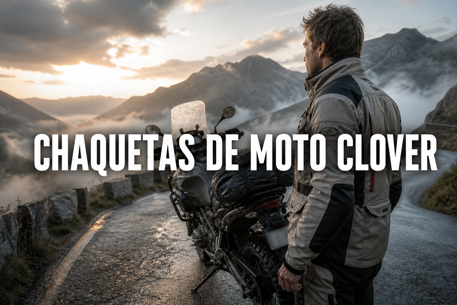 Motorista con chaqueta de moto Clover en carretera de montaña