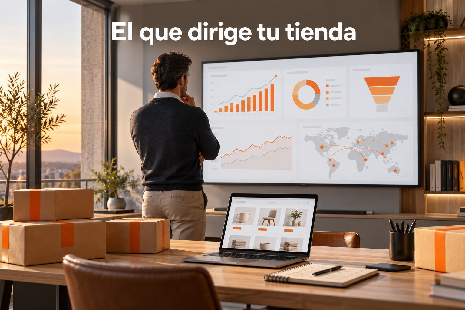 Director ecommerce de espaldas analizando un cuadro de mando de ventas y margen de una tienda online en su despacho